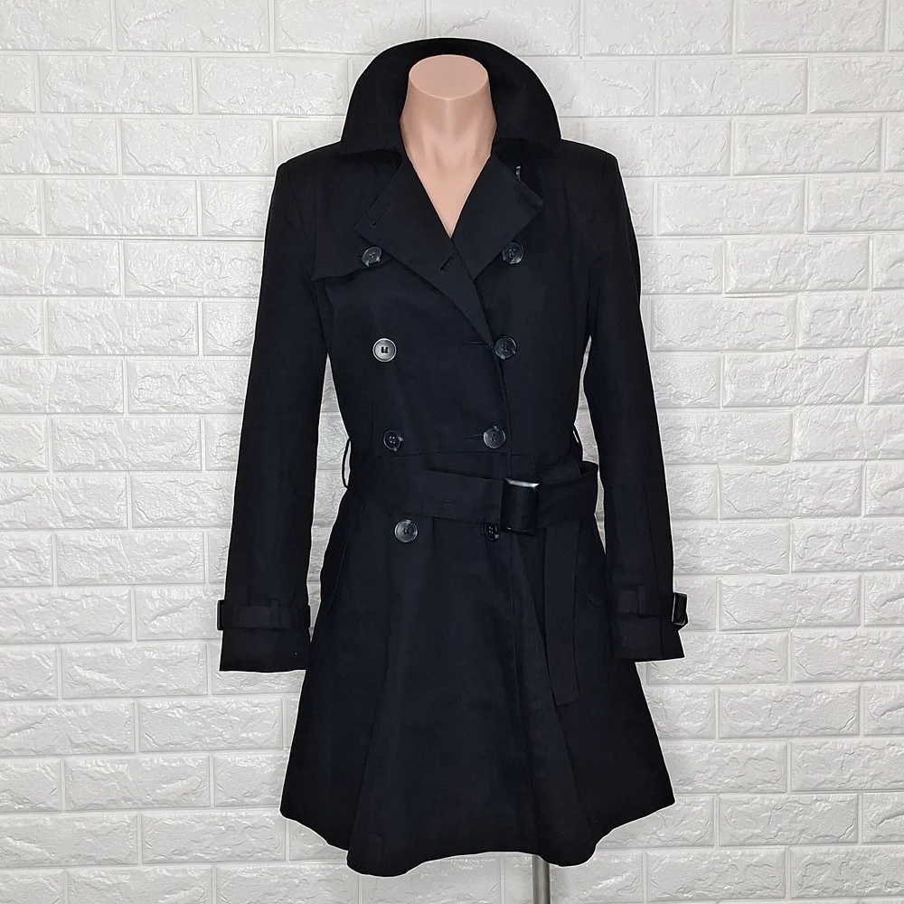 ASOS Black Double Breasted Trench Coat with Matching Belt and Button Back Detail - Picture 2 of 12